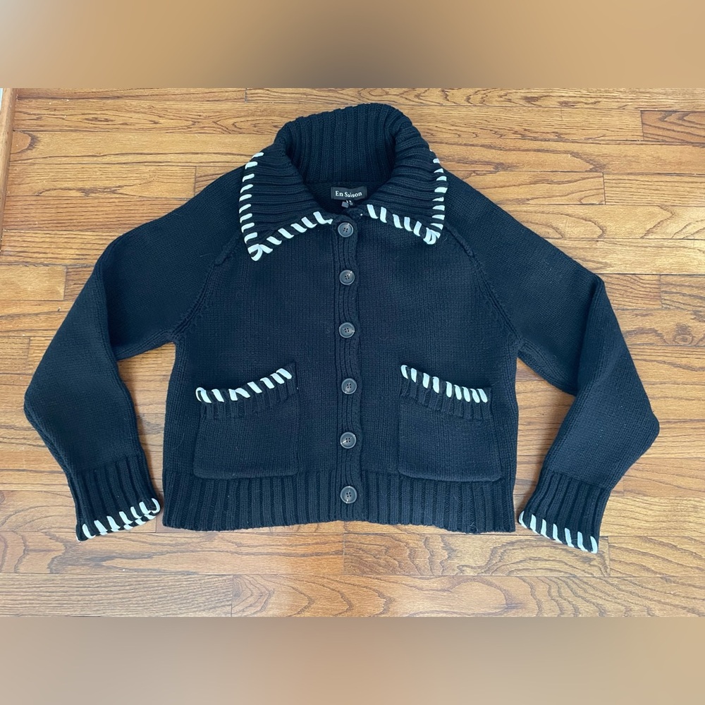 En Saison Piper Whipstitch Black & White Cardigan Sweater Women’s Medium NEW - Picture 14 of 14